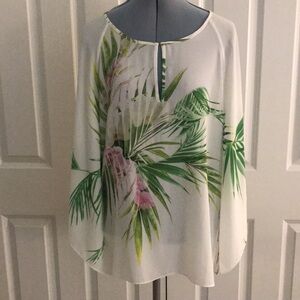 Natori Tropical Print Pink & Green Palm Leaves White Top Size M